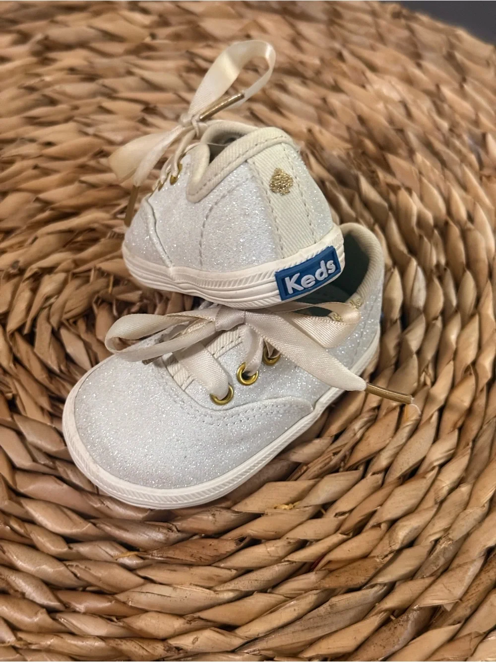 Keds Baby Glitter Lace-Up Sneakers in White with Gold Accents